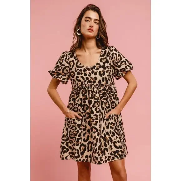 BiBi Leopard Print Woven Puff Sleeves Dress with Patch - Picture 10 of 14